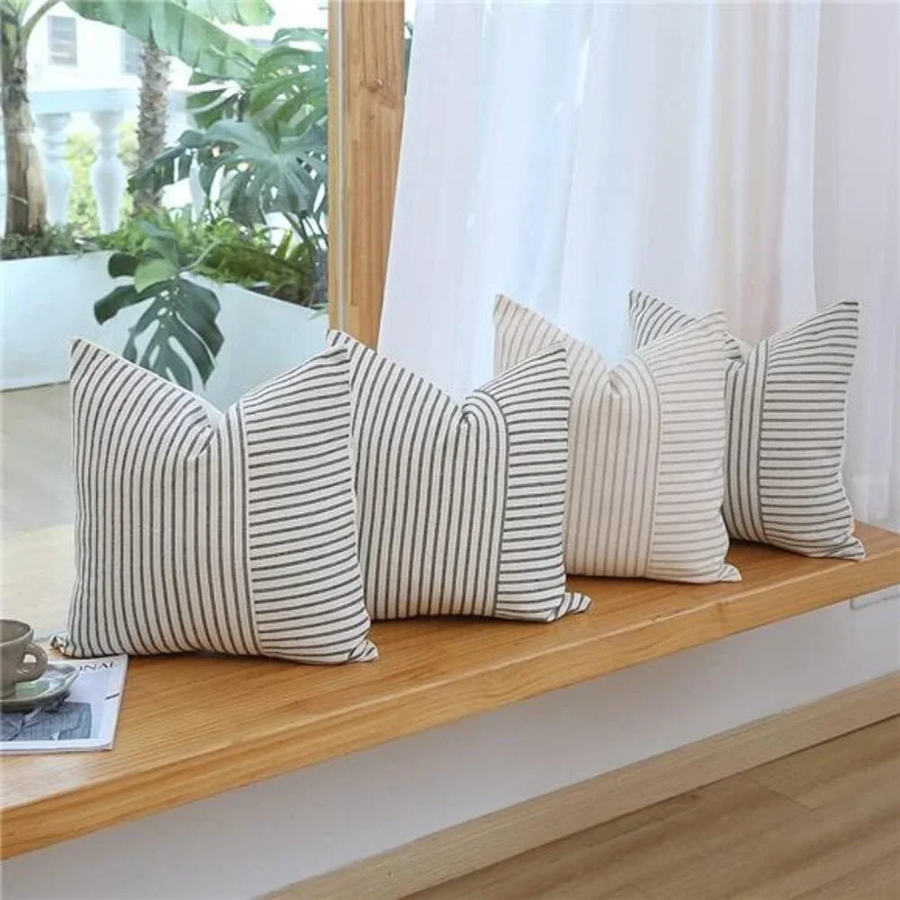 Set of 2 Farmhouse Throw Pillow Covers 18 x 18 Striped Linen Decorative
